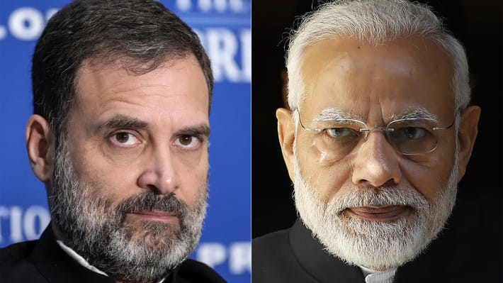 রাহুল গান্ধী ও নরেন্দ্র মোদি। ছবি: এএফপি
