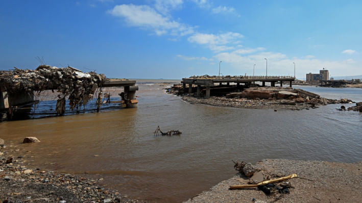 লিবিয়ার বন্যাকবলিত ডেরনা শহর। ছবি: এএফপি
