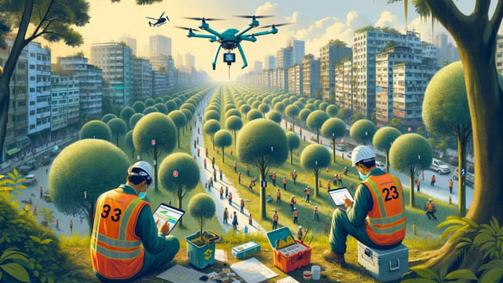 ঢাকার সব গাছে যদি জিপিআরএস প্রযুক্তি থাকত! ছবি: ডাল-ই এআই দিয়ে তৈরি প্রতিকী ও কাল্পনিক ছবি