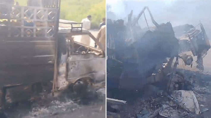 পাকিস্তানে বাস থেকে নামিয়ে যাত্রীদের হত্যার পর বাস-ট্রাকে অগ্নিসংগযোগ করে সন্ত্রাসীরা। ছবি: ডন 