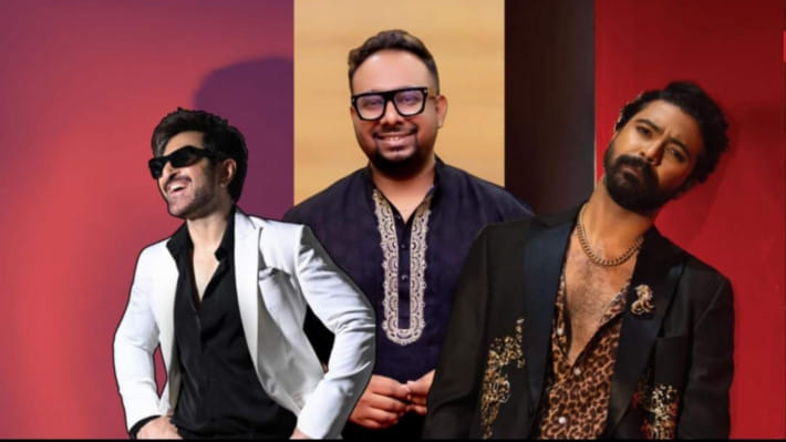 লায়ন সিনেমার দুই অভিনেতার সঙ্গে রায়হান রাফী। ছবি: সংগৃহীত