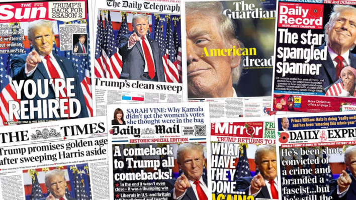 যুক্তরাষ্ট্রের বিভিন্ন সংবাদপত্রে ট্রাম্পের জয়ের খবর। ছবি: কোলাজ/সংগৃহীত