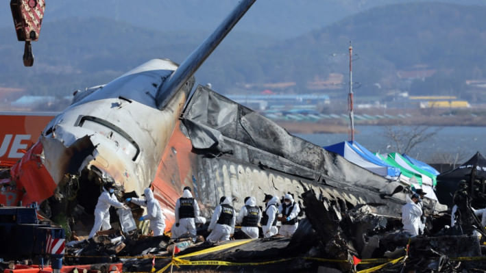 দক্ষিণ কোরিয়ায় জেজু এয়ারের উড়োজাহাজ বিধ্বস্ত হয়ে ১৭৯ জন নিহত হয়েছেন। ছবি: এএফপি