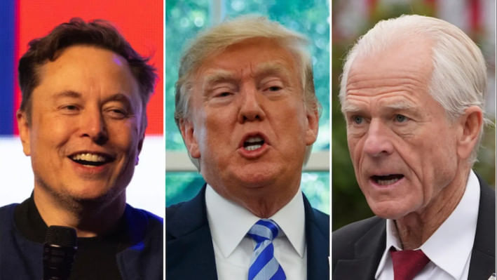 ইলন মাস্ক, ডোনাল্ড ট্রাম্প ও ট্রাম্পের বাণিজ্য উপদেষ্টা পিটার নাভারো। কোলাজ ছবি: সংগৃহীত