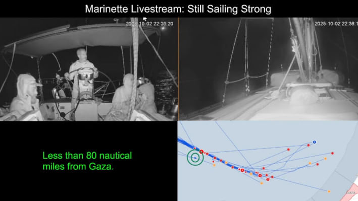 ফ্লোটিলার শেষ জাহাজ ম্যারিনেটের লাইভ স্ট্রিম। ছবি: ভিডিও থেকে স্ক্রিণশট