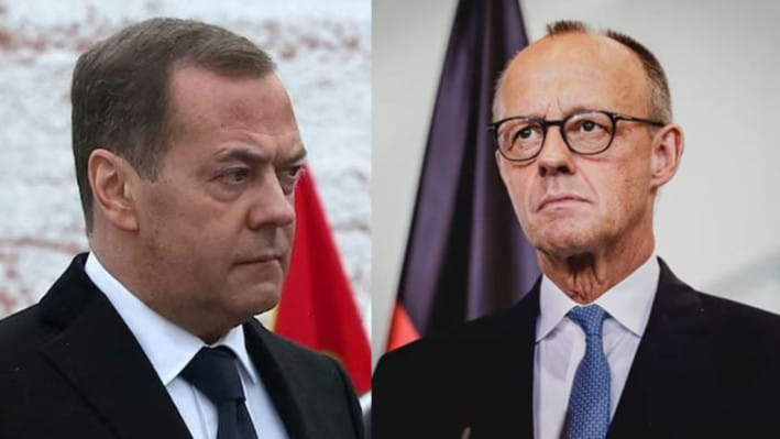 রুশ নেতা দিমিত্রি মেদভেদভ ও জার্মানির চ্যান্সেলর ফ্রিডরিখ মের্ৎস। কোলাজ ছবি: রয়টার্স