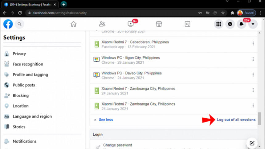 see more বাটনে ক্লিক করে নিচে থাকা log out all sessions অপশনে ক্লিক করে সকল ডিভাইস থেকে আপনার ফেসবুক অ্যাকাউন্টটি লগ আউট করে দিতে পারেন। 