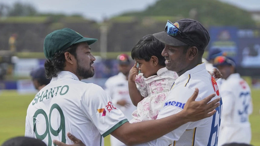 Najmul Hossain Shanto congratulates Angelo Mathews Najmul Hossain Shanto congratulates Angelo Mathews