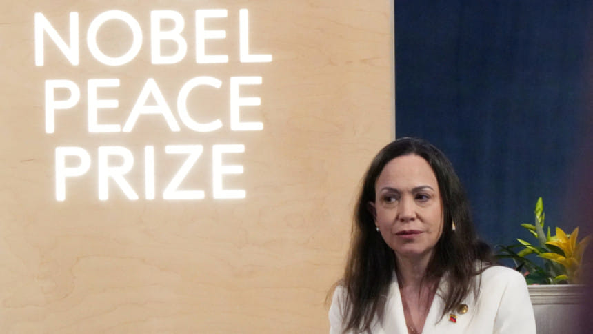 নোবেল পুরস্কার নিয়ে আয়োজিত সংবাদ সম্মেলনে মাচাদো। ফাইল ছবি: রয়টার্স