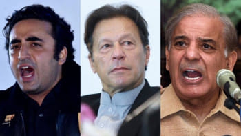 পাকিস্তানের তিন নেতা (বাম থেকে ডানে) বিলাওয়াল ভুট্টো জারদারি, ইমরান খান ও শেহবাজ শরীফ। ছবি: ডন