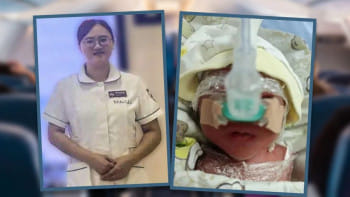 কোলাজ ছবিতে নবজাতক শিশু ও তার জীবন রক্ষাকারী নার্স চেন শানশান। ছবি: সংগৃহীত