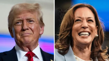 কমলা হ্যারিসকে পাগল বলে সমালোচিত হয়েছেন ট্রাম্প। ছবি: কোলাজ/এএফপি