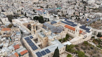 বেথলেহেমের নেটিভিটি চার্চের ড্রোন থেকে নেওয়া ছবি। ফাইল ছবি: এএফপি