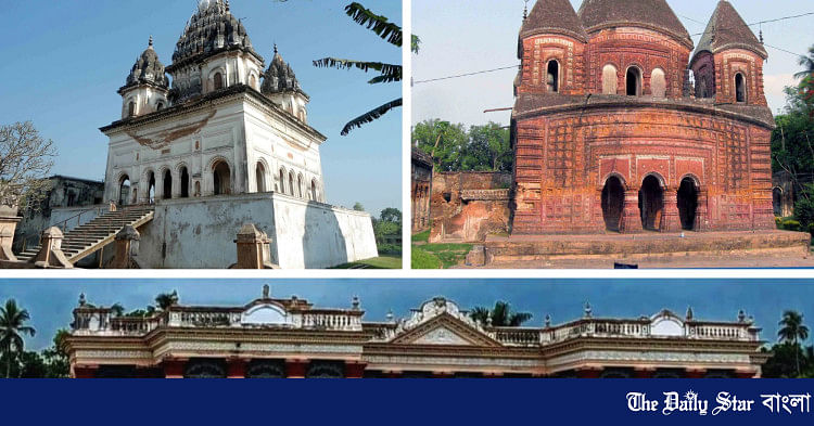 পঞ্চরত্ন শিব মন্দির, বড় গোবিন্দ মন্দির ও পুঠিয়া রাজবাড়ির সম্মুখভাগ। ছবি: মাহমুদ নেওয়াজ জয়